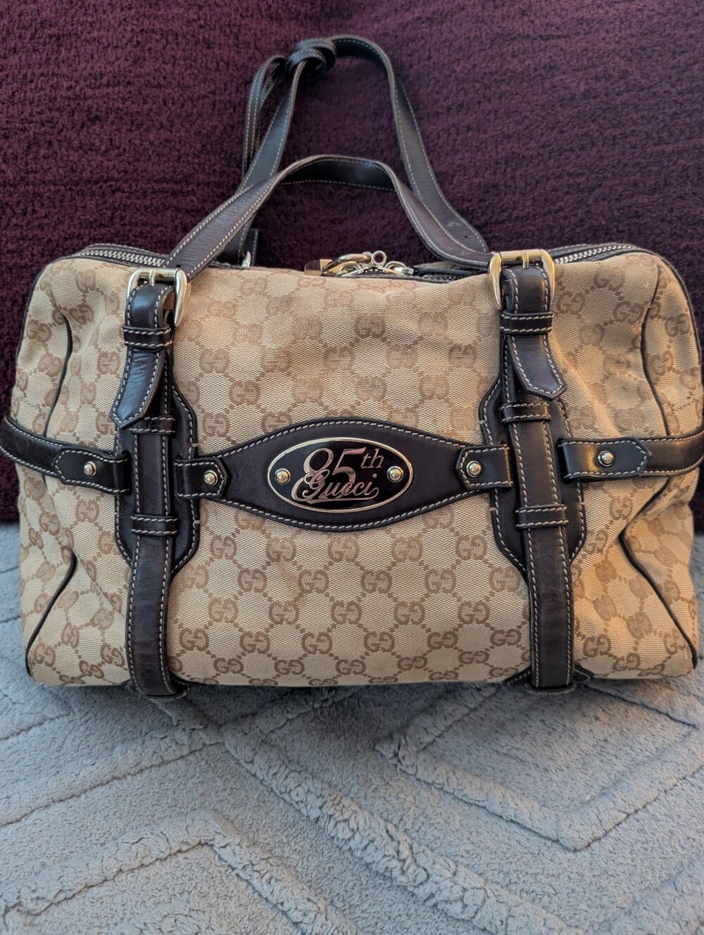 85th Anniv. Gucci Shoulder Bag, Canvas with Dark Brown Leather  And Classic Bit